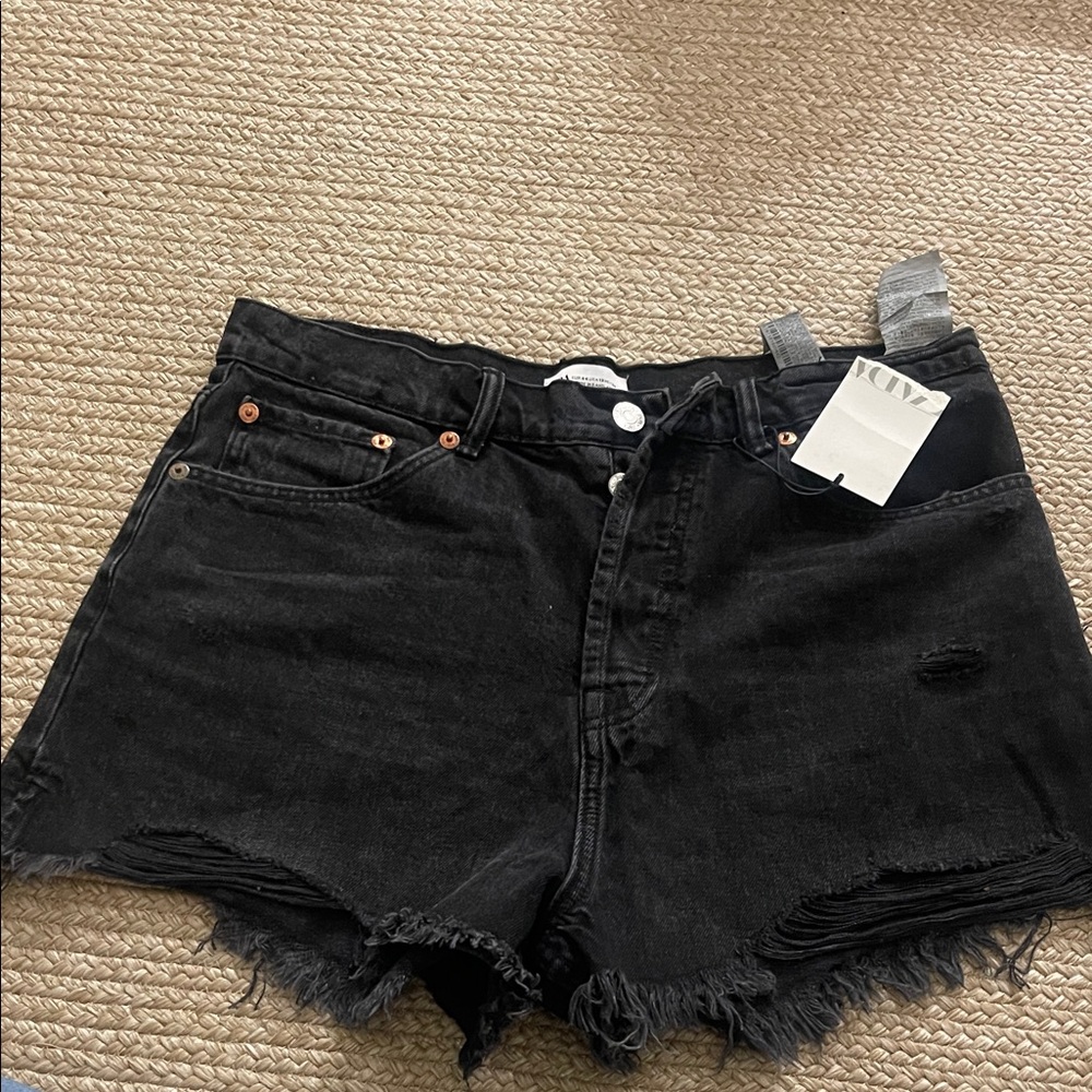 Zara Black Jean Shorts with Frayed Hem